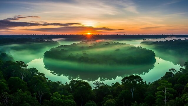 Aerial sunset view of winding river in tropical rainforest.