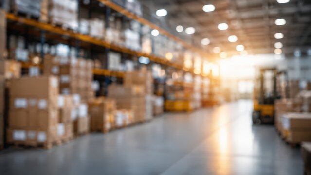 Warehouse interior featuring rows of stacked cardboard boxes on metal shelving units. Blurred logistics facility with soft bokeh lighting and industrial storage racks in the background.