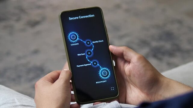Secure connection prepares a mobile payment through identity verification, risk screening and approval, reflecting growing demand for safer digital finance and fraud prevention.