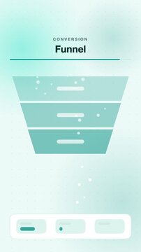 Marketing funnel stages with flowing particles, teal flat design vertical 9:16 seamless loop HD motion graphic background