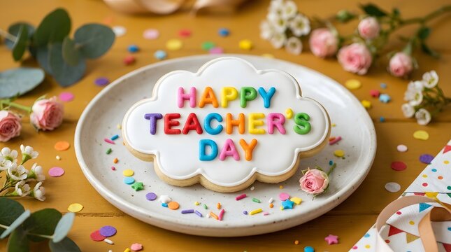 Cloud shaped cookie with happy teacher's day icing, colorful confetti and flowers on wooden background, sweet treat