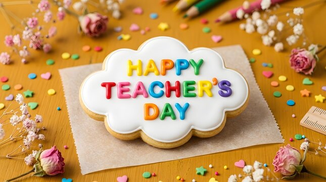 Cloud shaped cookie with happy teacher's day icing, colorful confetti and flowers on wooden background, sweet treat