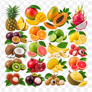 Fresh tropical fruits collection with green leaves on transparent background