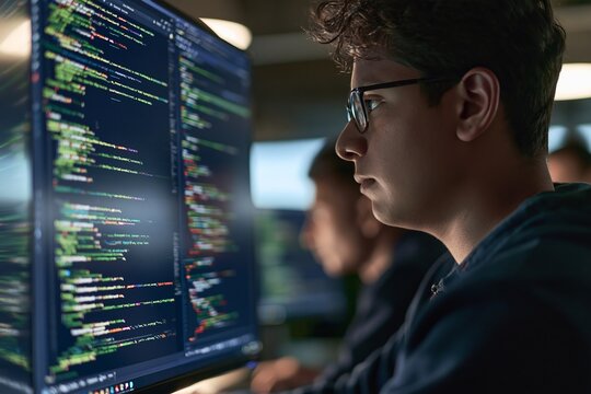 Software developer looking at computer screen with lines of code in a dark office environment
