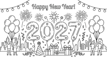Naklejka premium New year 2027 coloring page with balloon numbers over city skyline and festive characters.