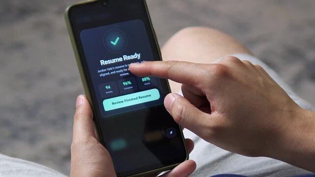 Job seeker reviews a completed digital resume on a smartphone, reflecting the rise of AI-assisted career tools, automated hiring and data-driven professional branding.