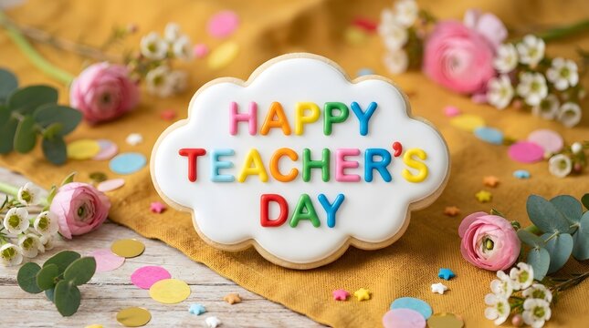 Cloud shaped cookie with happy teacher's day icing, colorful confetti and flowers on wooden background, sweet treat