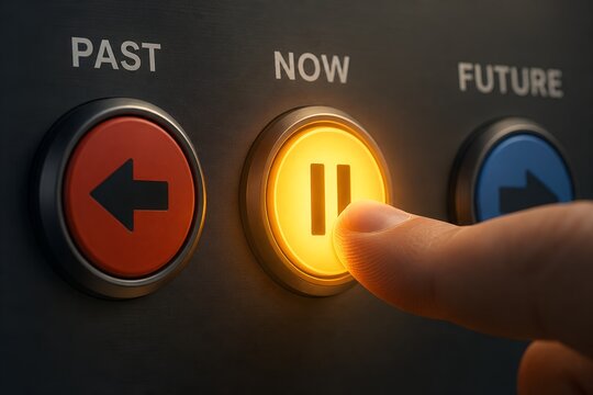 Finger Pressing Glowing Yellow Now Pause Button Between Past and Future