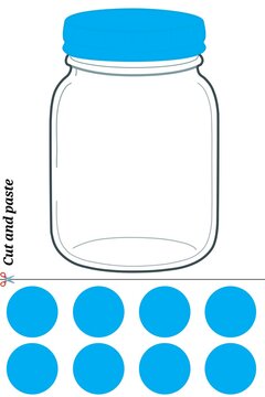 Preschool educational activity game with empty mason jar and blue 