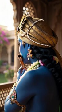 Lord Krishna avatar: divine flute, spiritual melody, golden ornament, serene devotion, peacock feather, sacred deity, lotus garland, royal palace, Hindu worship, mythological figure.