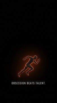Motivational sports poster with glowing runner silhouette, obsession beats talent quote, athletic fitness wallpaper on black background