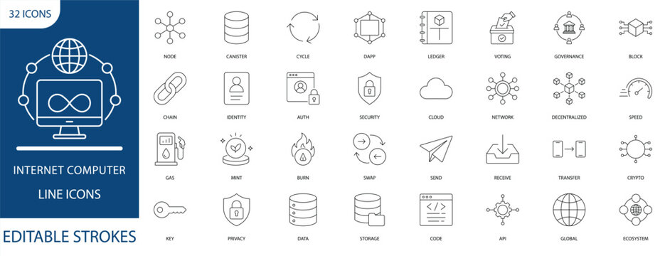  Internet computer line icon set. Featuring blockchain, decentralized network, smart contract, and crypto ledger. Vector icons for corporate reports, print brochures, and app UI.