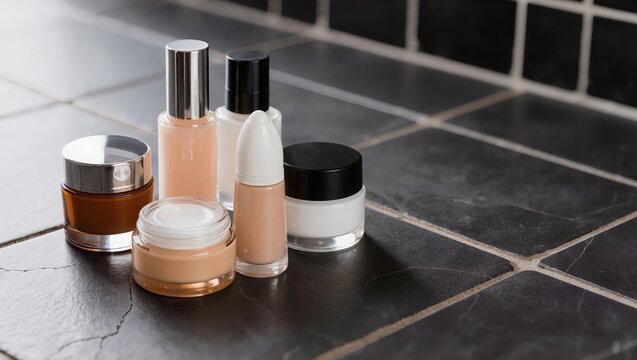 A collection of various cosmetic bottles, foundation jars, and skincare products neatly arranged on a dark tiled surface, highlighting makeup essentials, beauty care, and daily cosmetics