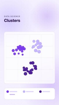Scatter plot points forming clusters, violet flat design vertical 9:16 seamless loop HD motion graphic background
