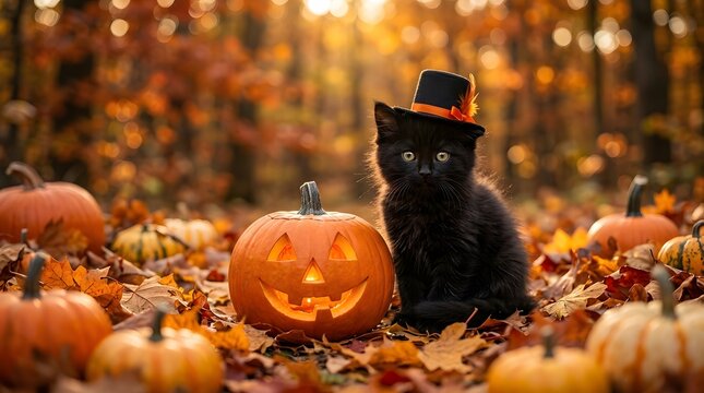 A charming black cat wearing a hat sits amongst a vibrant and festive halloween pumpkin patch scene