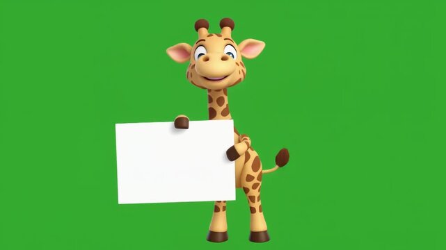 Cute cartoon giraffe holding blank sign with green screen background for animation