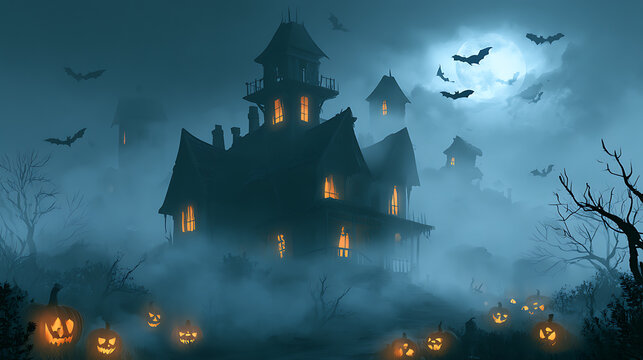 Spooky Haunted Mansion Under a Full Moon with Glowing Halloween Pumpkins