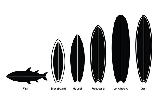 Surfboard Silhouettes, set of black surfing boards vector shapes isolated beach sport ocean wave summer vacation