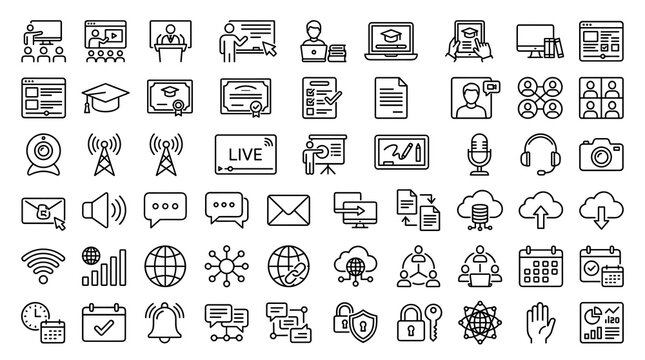 Modern Webinar and Remote Meeting Outline Icon Collection Featuring Online Classes, Video Conferences, E-Learning, Virtual Communication, and Internet Networks