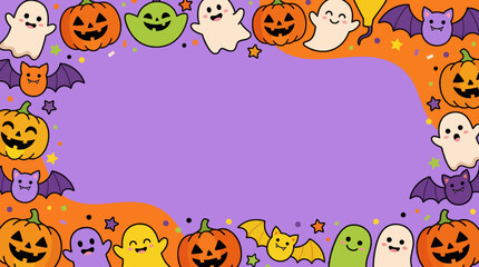 Fototapeta premium Cute Halloween kids party background with ghosts pumpkins and bats