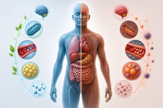 Healthy and Dysregulated Metabolism Scientific Comparison Illustration