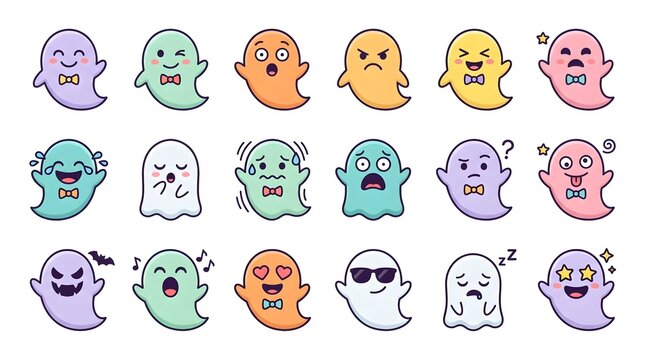 Cute halloween ghost emoji characters with various expressions