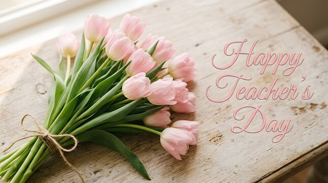 Close-up pink tulip bouquet tied with string on wooden surface with Happy Teacher's Day text