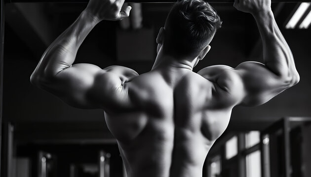 Muscular bodybuilder flexing back muscles in gym, strong athlete posing for fitness portrait