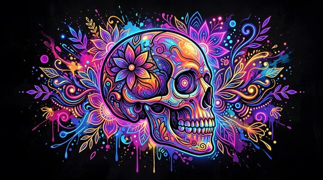 A vibrant and colorful artistic rendition of a skull perfect for celebrating a spooky halloween season