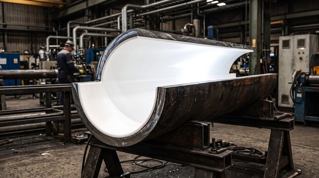 Large industrial steel pipe section with white protective coating in a manufacturing workshop