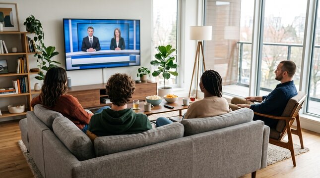 Friends Watching News on Television in a Modern Living Room