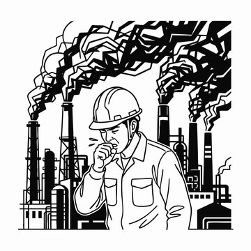 Distressed industrial worker coughing in front of smoking factory chimneys belching toxic emissions, concept for air pollution and occupational health hazards, suitable for environmental awareness