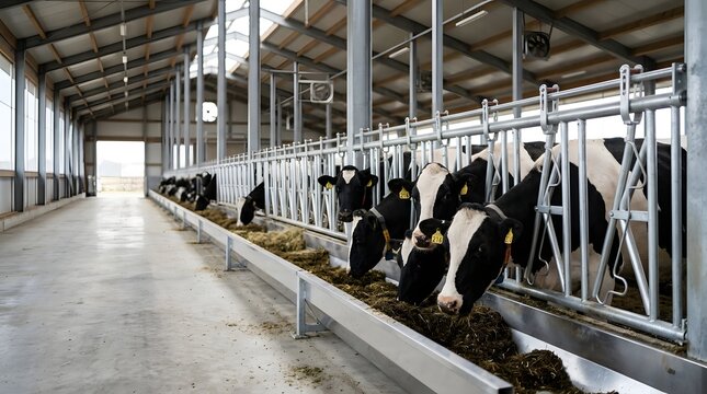 Holstein Dairy Cows Eating Feed Inside Modern Barn Facility