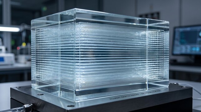 Futuristic transparent glass cube with internal micro-layers in a high-tech laboratory environment