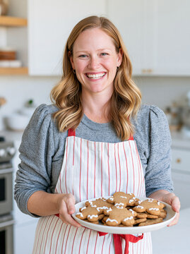 Smiling Young Woman in Apron Holding Plate of Homemade Gingerbread Cookies in Kitchen