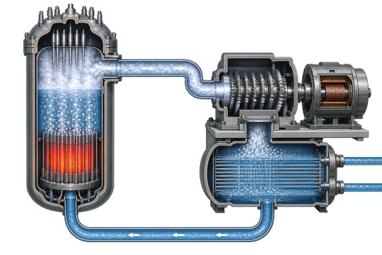 Boiling water reactor cutaway with steam turbine