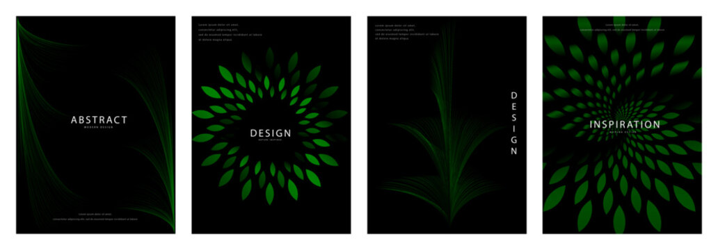Green emerald leaf cover template set with radial leaf pattern optical wave lines and spiral design for modern eco poster brochure design