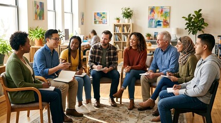 Fototapeta premium Diverse professional team sitting in a circle for a group meeting in an office