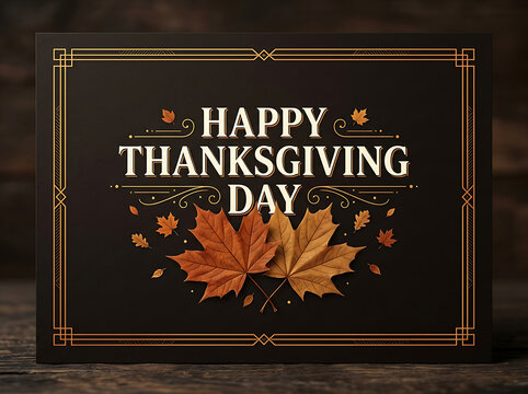 Happy Thanksgiving Day with Autumn Leaves and Decorative Border