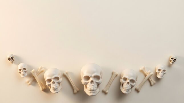 Halloween border frame with human skulls and bones on a light background