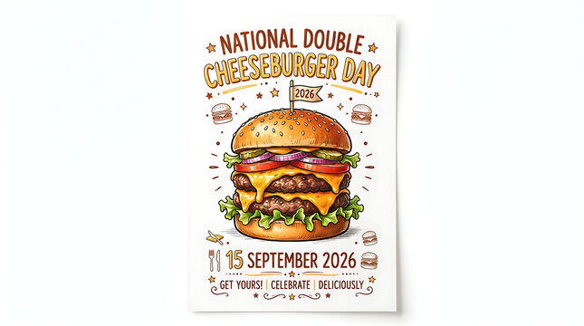 "NATIONAL DOUBLE CHEESEBURGER DAY" heading, date "15 SEPTEMBER 2026", text "GET YOURS" "CELEBRATE" "DELICIOUSLY", scattered cartoon illustrations of single burgers and fries, playful fun design