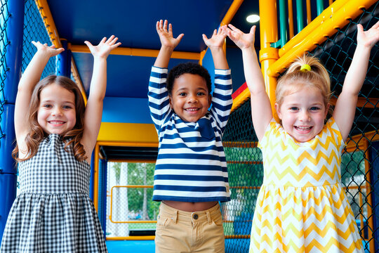 Portrait of diverse kids raising arms and smiling in indoor playground, showing active childhood, friendship, inclusion. Ideal for childcare, preschool, family marketing campaigns