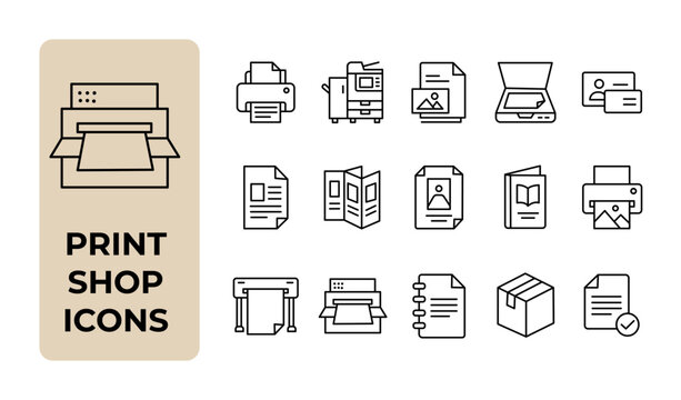 Print shop icon set. Printing house, copy service, publishing and document scanning thin line icons. Editable stroke vector illustrations