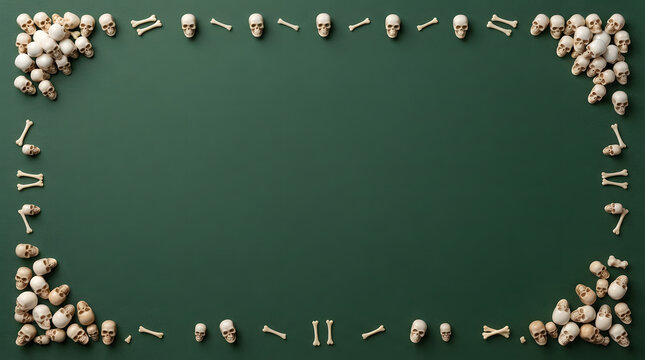 Halloween frame border made of human skulls and bones on a dark green background.