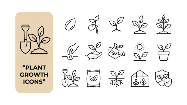 Plant growth icon set. Gardening, agriculture, sprout and farming thin line icons. Editable stroke vector illustrations.