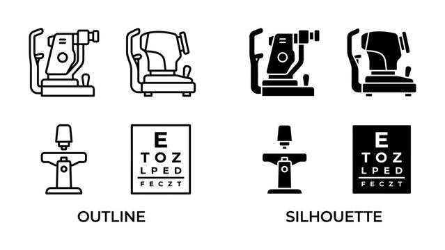 Optometry Equipment Icons: A set of line and silhouette icons illustrating essential optometry equipment, including an ophthalmometer and a vision chart, presented in outline and silhouette formats.