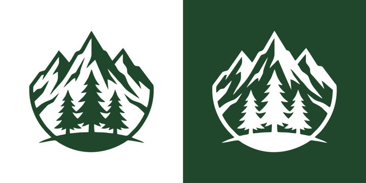 Mountain range with pine trees forming a circular logo design, showcasing nature and adventure