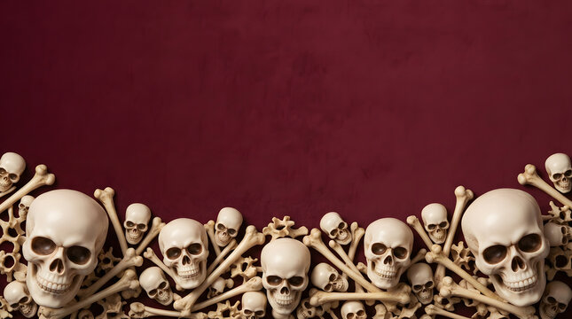Human skulls and bones flat lay border on dark red background for Halloween design