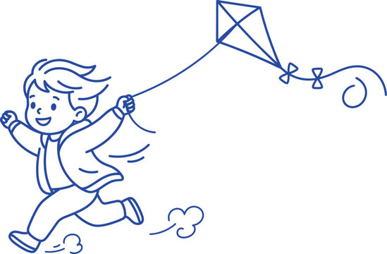 Boy Running While Flying Kite Outdoor Cartoon Illustration