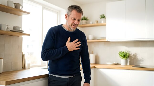 Mature man feeling sharp chest pain while standing in home kitchen
